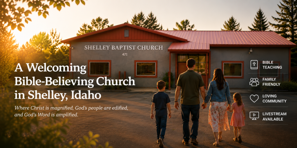 Family walking toward Shelley Baptist Church at sunset in Shelley, Idaho with warm rural community atmosphere and welcoming church exterior.