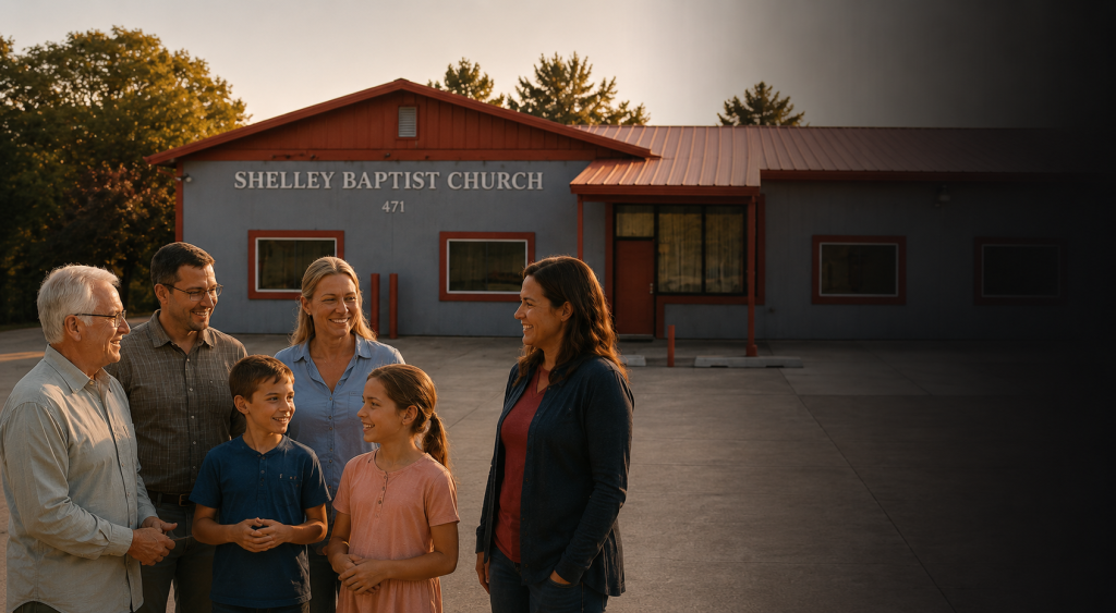 Families and church members standing outside Shelley Baptist Church in Shelley, Idaho during a warm evening fellowship gathering.