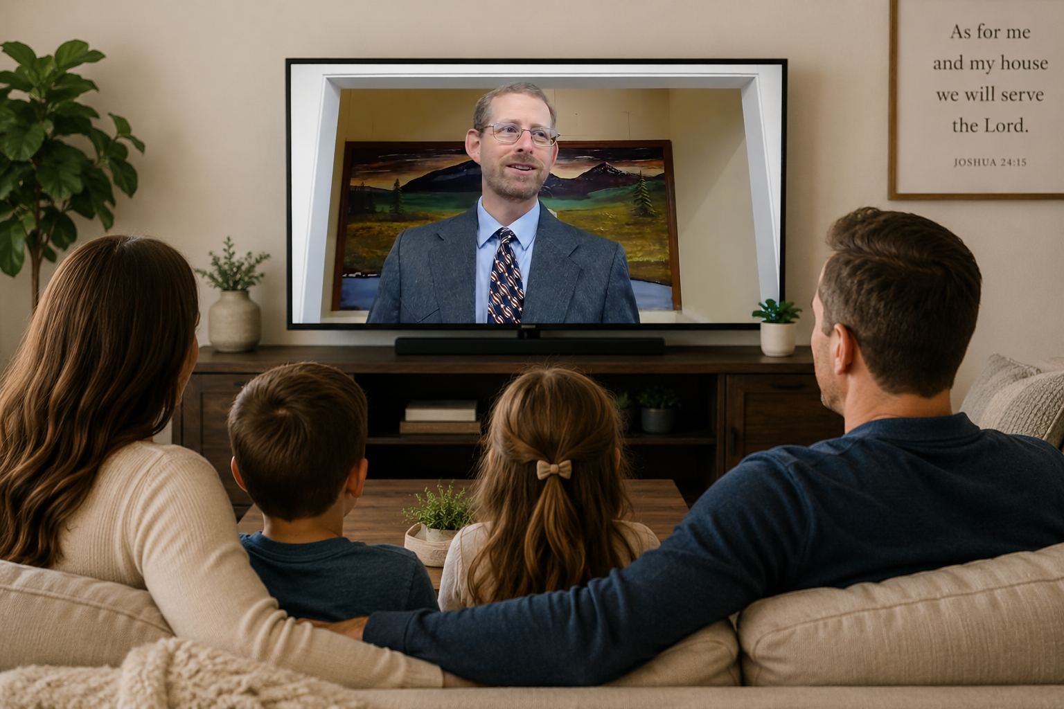 Family sitting together in a living room watching Pastor Doug preach during the Shelley Baptist Church online livestream service on television.