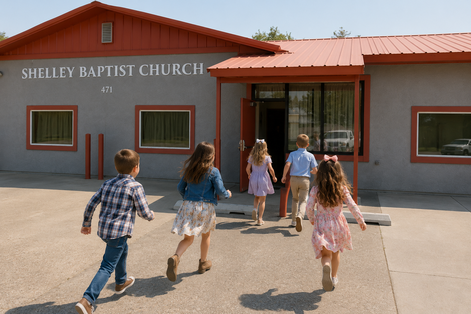 Children joyfully running into Shelley Baptist Church in Shelley, Idaho on a sunny Sunday morning, highlighting the church’s welcoming family-friendly atmosphere.